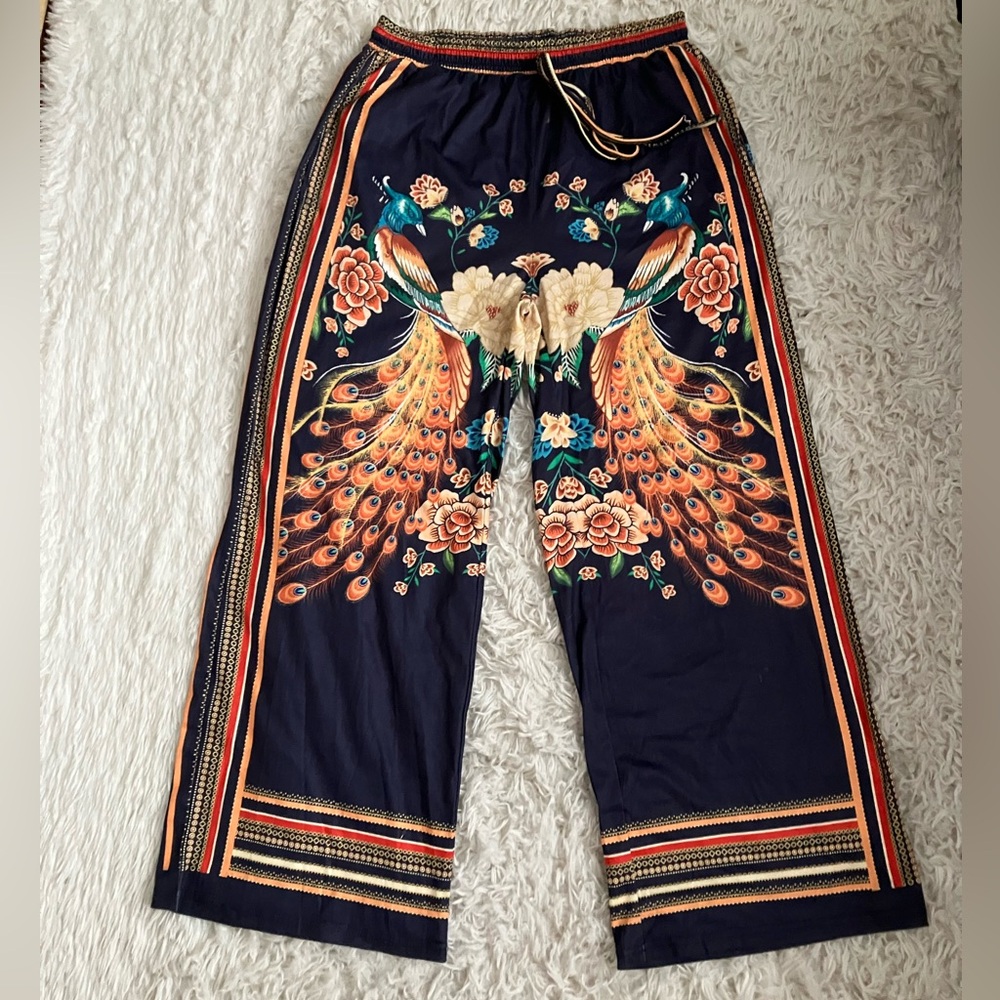 Navy Boho Peacock Print Wide Leg Pants